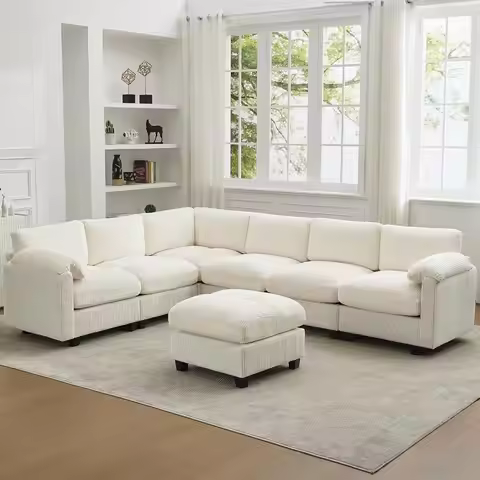 V-Shaped 7-Seater Sectional Cloud Couch with Ottoman, Oversized Corduroy Sofa for Living Room, Beige