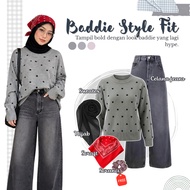 MERAH FREE Scruncie 4in1 Baddie Style Outfit Set (Polka Dot Knitted Sweater + Jeans Snow + Red Banda