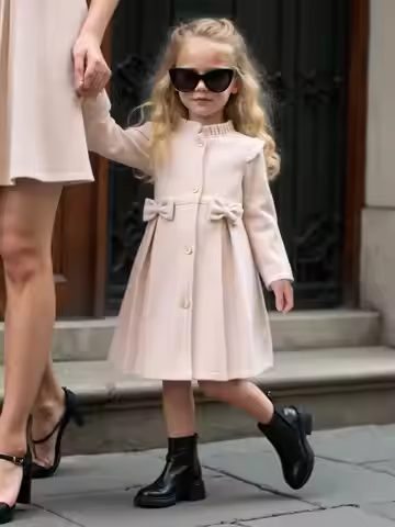 A Light Beige Woolen Coat For Girls In Autumn And Winter, With A Small Stand-Up Collar And A Bow Dec