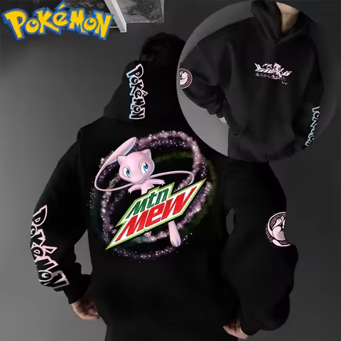 Pokemon Anime Mew Cotton Hoodie and Harajuku Pants Set Black Pink Character Print Two Piece Outfit C