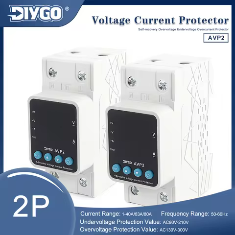 AVP2 2P Adjustable Over Under Voltage Over Current Protector Self-recovery Din Rail Voltage Protecti