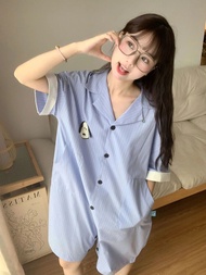 Summer New Cute Dog Print Striped Short Sleeve Sleepwear Womens Cross-Border Adult Onesie Nightgown