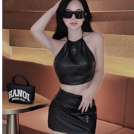 Personality women's clothing set, summer douyin outfit set with halter black leather jacket and shor
