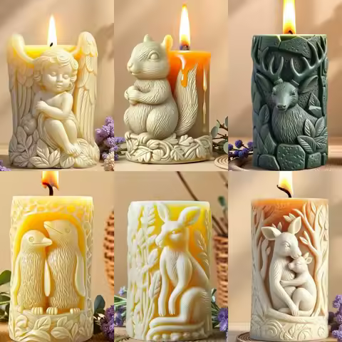 3D kangaroo Penguin Relief Cylindrical Candle Silicone Mold Elk Leaf Branch Resin Mould Rose Flower 