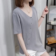 【40-150KG】Women's Summer New Irregular Ice Silk Short Sleeve T-shirt C13975
