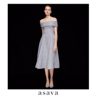 [asava ss24] Emilia Bardot Dress เดรสผู้หญิง เปิดไหล่ แต่งตะเข็บด้านหน้าและหลัง ซิปหลัง ผ้าทอฝ้ายเลี