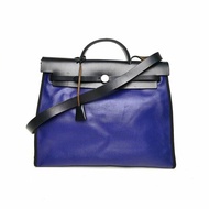 HERMES Herbag3989黑色拼M3水墨藍防水帆布D刻銀扣肩背包