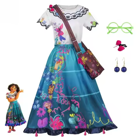 Encanto Mirabel Cosplay Costume Set for Kids - Includes Printed Dress Bag Glasses Earrings Hair Acce