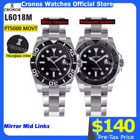 Cronos Sub Diver Men Watch Stainless Steel PT5000 Brushed Bracelet Ceramic Bezel 200 meters Water Re