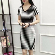 W&amp;ME   Women's Korean-Style Mid-Length Dress Slim Fit Slimming Stripes Short Sleeve Package Hip All-Matching Women's Shirt Jumpsuit