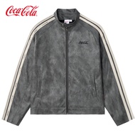 เสื้อแจ็คเก็ตหนังสไตล์ย้อนยุค American Retro ปักลาย Coca-Cola สำหรับผู้ชายและผู้หญิง สายรัดไม่สมมาตร