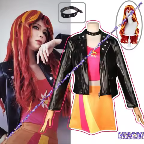Sunset Shimmer Cosplay Costume Wig Anime Equestria Suit Headgear Leather Jacket And Short Skirt Set