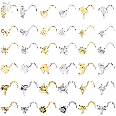 ZS 1PC Gold Color 316L Stainless Steel Nose Stud Bow Tie Octopus Clover Shape Crystal Nose Piercing