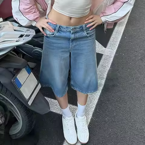 Women Y2k Vintage Denim Bermuda Shorts Wide Leg Jean Carpenter Shorts Baggy Knee Length Summer Jean 