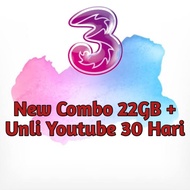 tri Combo 22 gb + Unlimited Youtube 30 Hari