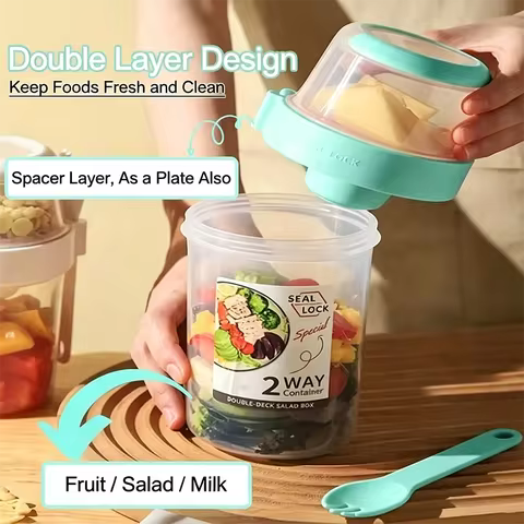 Portable Large (760ml+310ml)/Small (560ml+310ml) Fruit Salad Cereal Yogurt Cup Set Leak Proof Dishwa