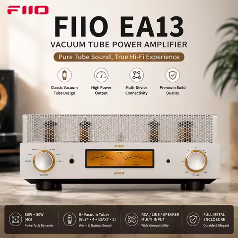 FiiO EA13 Vacuum Tube Amplifier 28W+28W Push-Pull Class A EL34 Tubes 4 RCA Inputs VU Meter Headphone