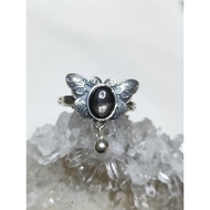 ((AG) Natural Gold Luck Stone Black Silver Line Butterfly Whole Body S925 Sterling Ring Adjustable M