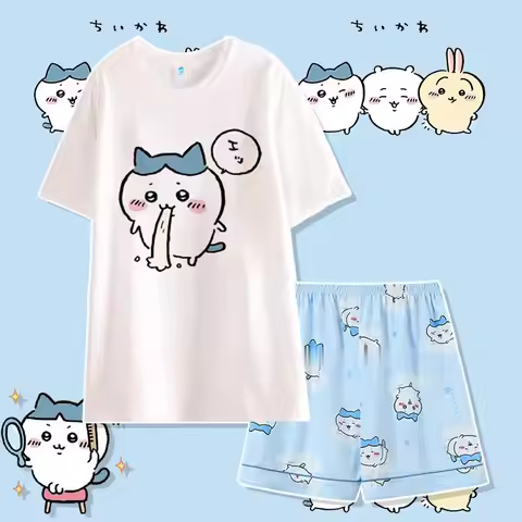 Anime ちいかわ Chiikawa Usagi Pajamas Summer Cotton Crew Neck Short Sleeves Shorts Loose Cartoon Couple 
