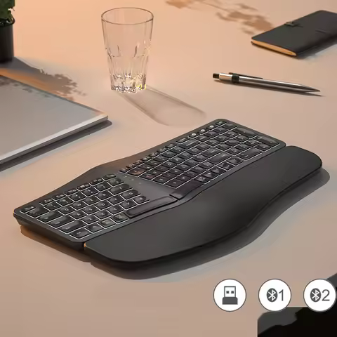 White Backlit Ergonomic Split Keyboard Bluetooth 2.4G Wireless Keyboard with Wrist Rest Rechageable 