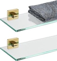 JQK Bathroom Glass Shelf, Floating Tempered Glass Shower Storage 16 by 5 inches, 304 Stainless Steel