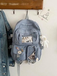 雙色經典背包字母貼紙，可愛校園風格：帶有別針和飾品的可愛尼龍背包