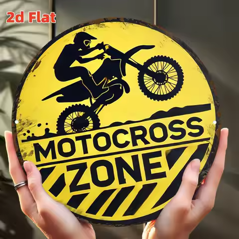 [Aluminum Metal Wall Art] 2D Flat" Motocross Zone Sign Aluminum Round Metal Wall Art for Extreme Spo