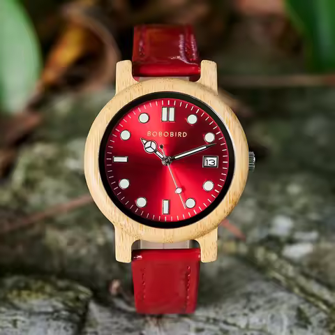 BOBO BIRD Women’s Bamboo Watch with Genuine Leather Strap – Natural Lightweight Ladies Wristwatch, E
