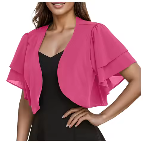Rose Pink Jacket 3/4 Sleeves Ruffle Chiffon Women Evening Wraps Bolero