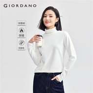 GIORDANO Womens Double Sided Fleece T-Shirt Solid Color Turtleneck Knitted Long-Sleeved T-Shirt For 