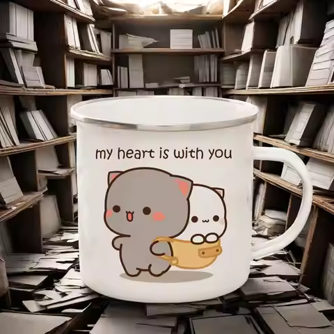 Creative Peach and Goma cat Enamel cup Coffee tea Mug cute animal Breakfast Mugs Dessert milk water 