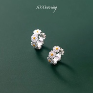 1000earring 925 Sterling Silver White Daisies Hoop Earrings - Silver
