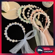 Gratis Ongkir - Bando Mutiara Pita Tulle / Headband Mutiara Anak / Bandana Pita Panjang / Headband