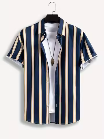 Korea Style Men Hawaii Shirt Classic Navy Beige Striped Wrinkle Resistant Soft Daily Travel Casual B