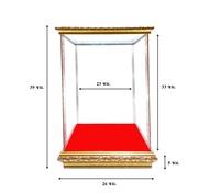 ตู้กระจก ตู้ใส่พระ ตู้ครอบพระ พื้นกำมะหยี่สีแดง กรอบไม้สีทอง ขนาดภายนอก 26x26x39 ซม. ขนาดด้านใน 23x23x33 ซม.
