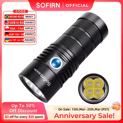 Sofirn SP36 Pro 8000lm Powerful LED Flashlight 4*SST40 USB C Rechargeable 18650 Torch