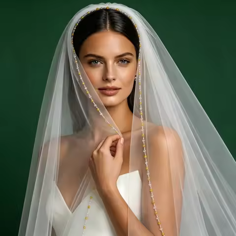 Beads Edge Bridal Veil Gold Pearl Trim Tulle Short Wedding Veil with Comb Elegant Bride Hair Accesso