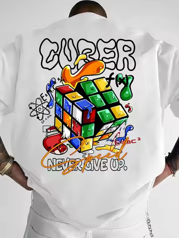 Men New Summer Fashion Creative Graffiti Cube Pattern T-shirt 100% Pure Cotton Material with Soft Fa