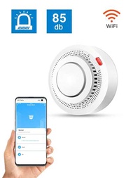 1入組tuya Wi-fi白色煙霧報警器無線智能火災偵測器,可使用應用程式進行控制,85db高音量低電量警報,可更換電池和自檢功能,適用於家庭、辦公室、倉庫等場所