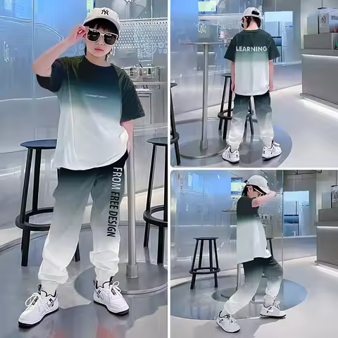 2026 summer Teenager Boys Clothes Casual Outfit Kids Gradient Tracksuit Child t shirt + ankle tie pa