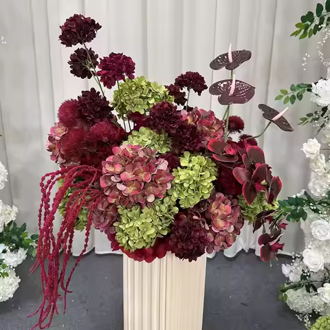 70cmArtificial Anthurium Hydrangea Table Centerpiece Vintage White Burgundy Green Floral Arrangement
