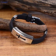 Yangel Men Fashion Silver Cross Stainless Steel Black Rubber Bracelet Bangle Wristband PH