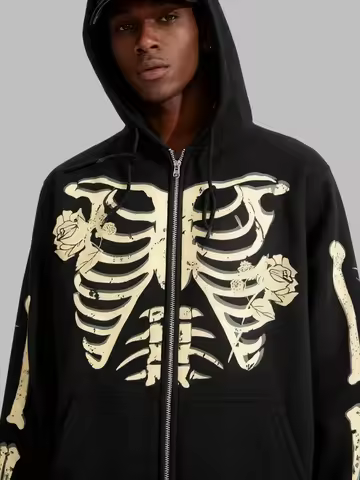 New hooded zip-up Men Winter 100%Cotton skeleton print woman Vintage fleece sweatshirt Casual fall c