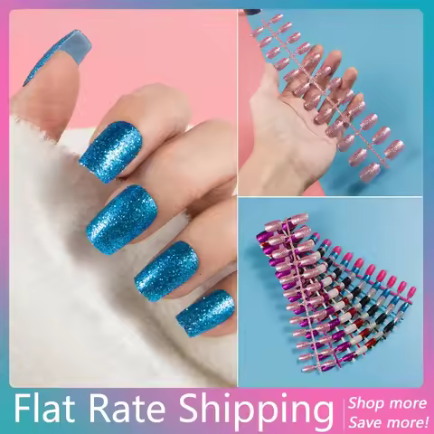 Buy In Bulk Pay One Shipping Fee 1 Set (24 Pieces) 10 Sizes Short Square Glitter False Nail Press-on