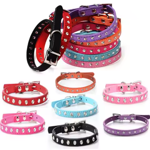 Diamond crystal cool leather dog collars small dogs 7 color cashmere cattle collars for pets cat dog