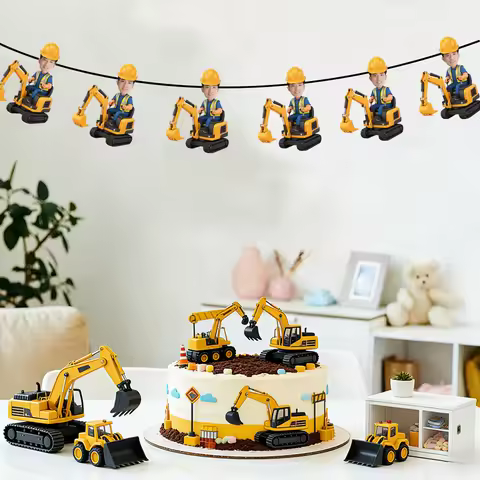 6/12pcs Personalized Construction Excavator design photo face bunting banner for Boy Construction Bi