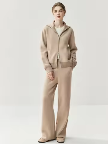 CHICUU Luxury Women 100% Cashmere Cardigan Wide Leg Pant Set Thick Warm Zipper Cardigan Coat Long Tr