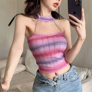 Sweet cool hot girl halter neck chain small camisole women's summer outer wear sleeveless top with design stripes and contrasting colors