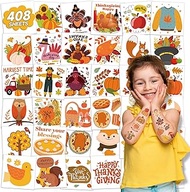 EMOME 408PCS Individually Wrapped Thanksgiving Temporary Tattoo Stickers for Kids, Bulk Autumn Tatto