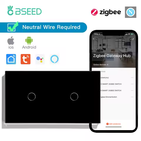 Bseed Zigbee Smart Switch Double 2/4/6Gang 2Way Touch Light Switch Tuya Smart Life Google Home Voice